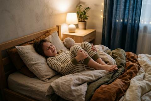 Child in bed at night holding their legs from cramping