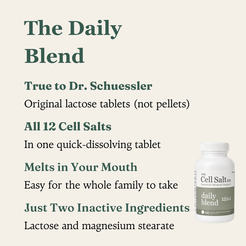 Daily Blend features: all 12 Schuessler cell salts in one quick-dissolving lactose tablet