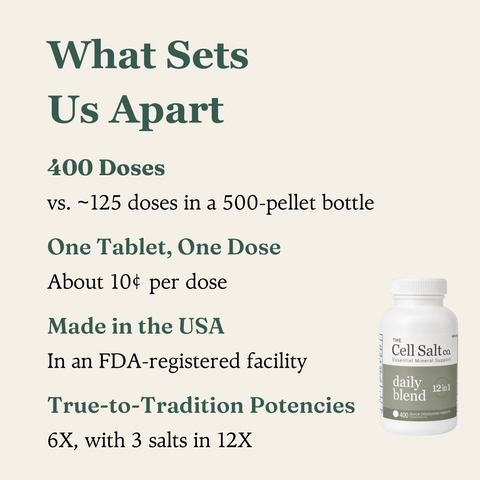 What sets Daily Blend apart: 400 doses per bottle, one tablet per dose, made in the USA