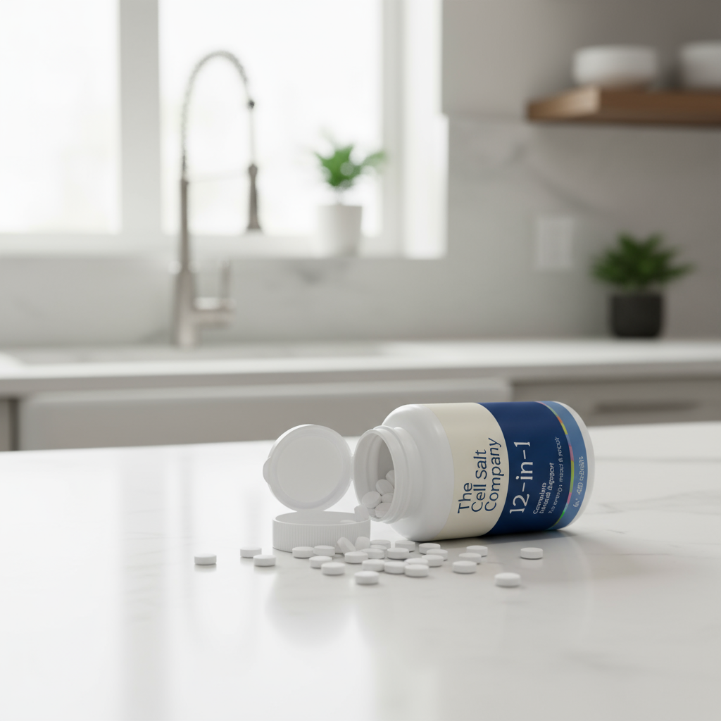 Supplement bottle with scattered pills on a kitchen counter